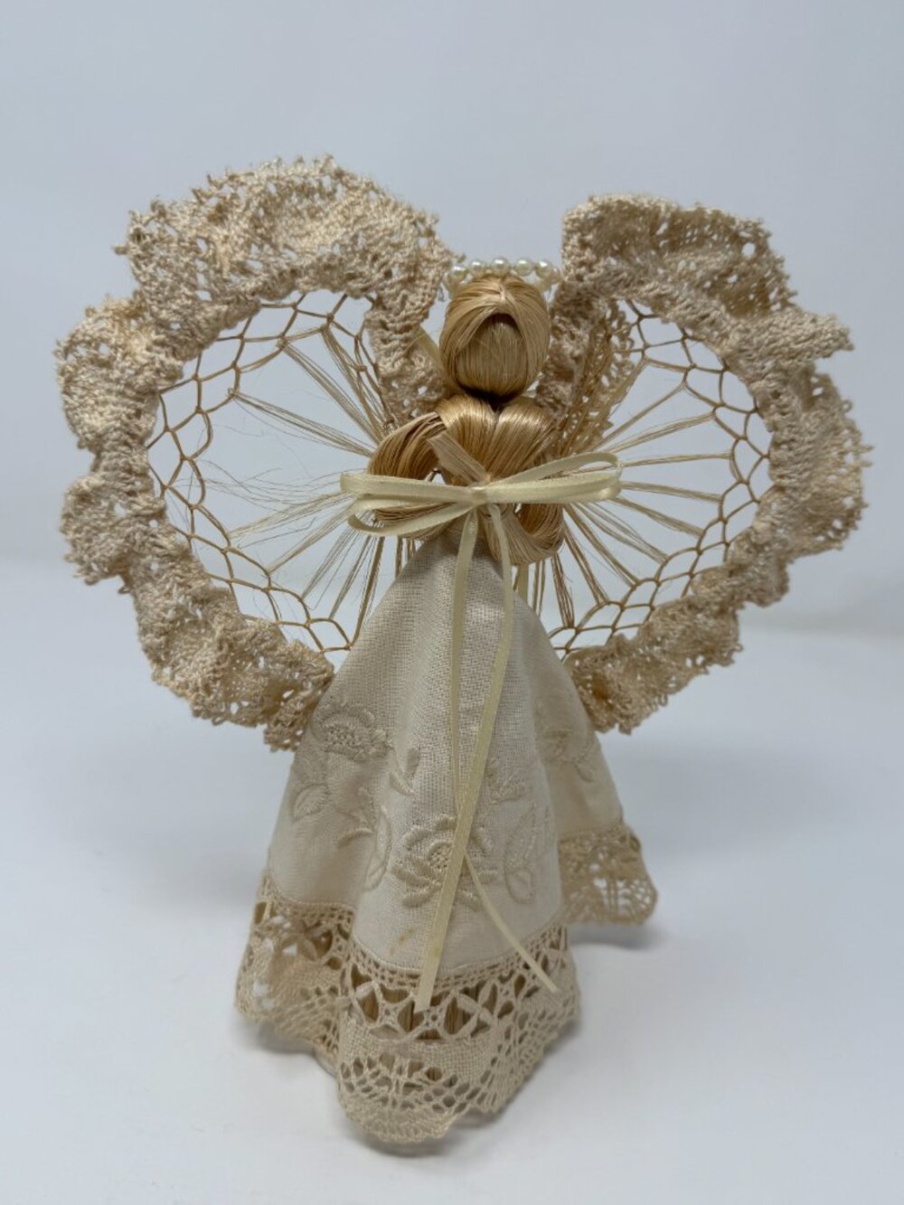 Vintage Straw Angel Tree Topper Crochet Lace Heart Wings 9"